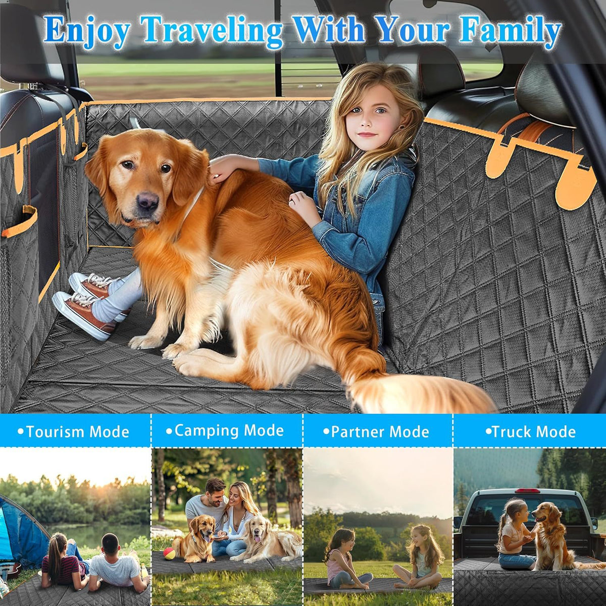 Large dog lying on the flat seat cover floor next to a girl