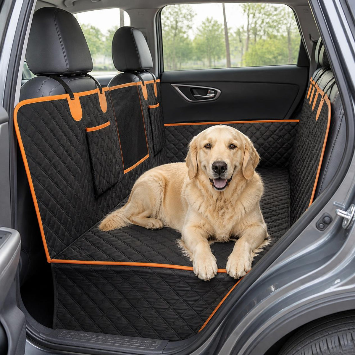 Golden retriever lying on the TrekFold hard-bottom dog car seat cover in an SUV back seat