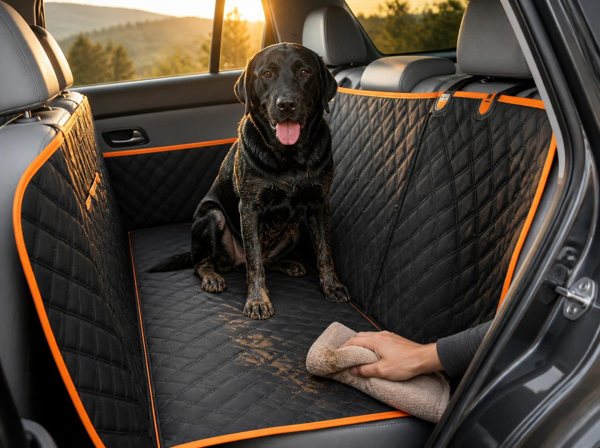 Labrador on the TrekFold cover after a muddy walk, car seats around it still clean