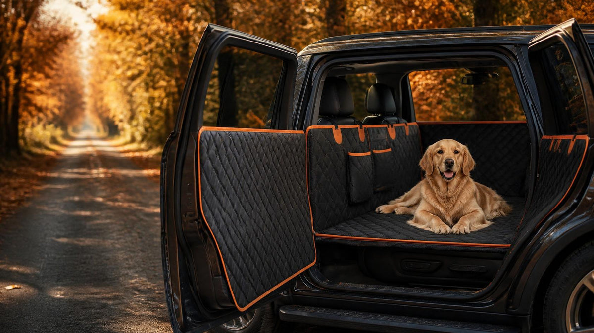 Golden retriever on the TrekFold seat cover in an SUV on a fall road