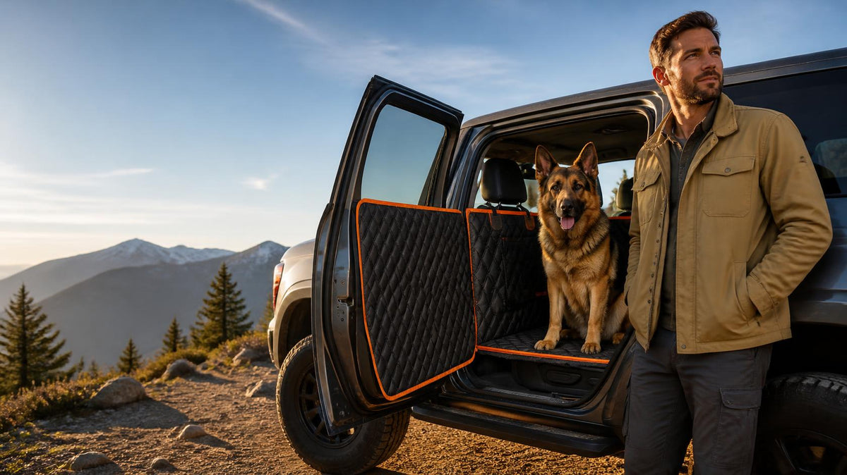 Man and German shepherd at a mountain trailhead, dog on the TrekFold seat cover
