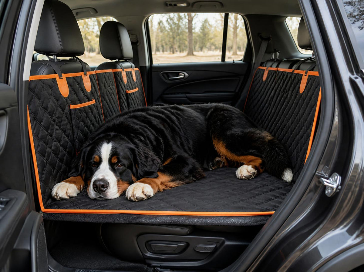 Large Bernese mountain dog stretched out on the flat TrekFold platform