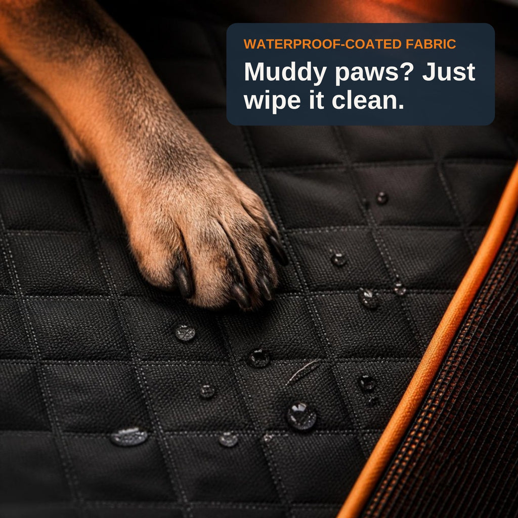 Waterproof-coated fabric: muddy paws, just wipe it clean. Paw on quilted TrekFold fabric with water beading