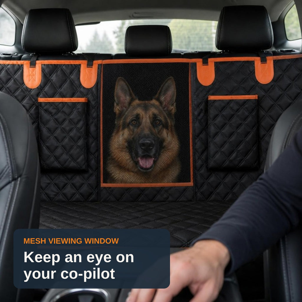 Mesh viewing window: keep an eye on your co-pilot. German shepherd behind the TrekFold mesh window