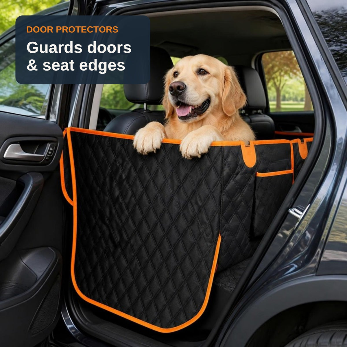 Door protectors guard doors and seat edges. Golden retriever above the TrekFold door flap
