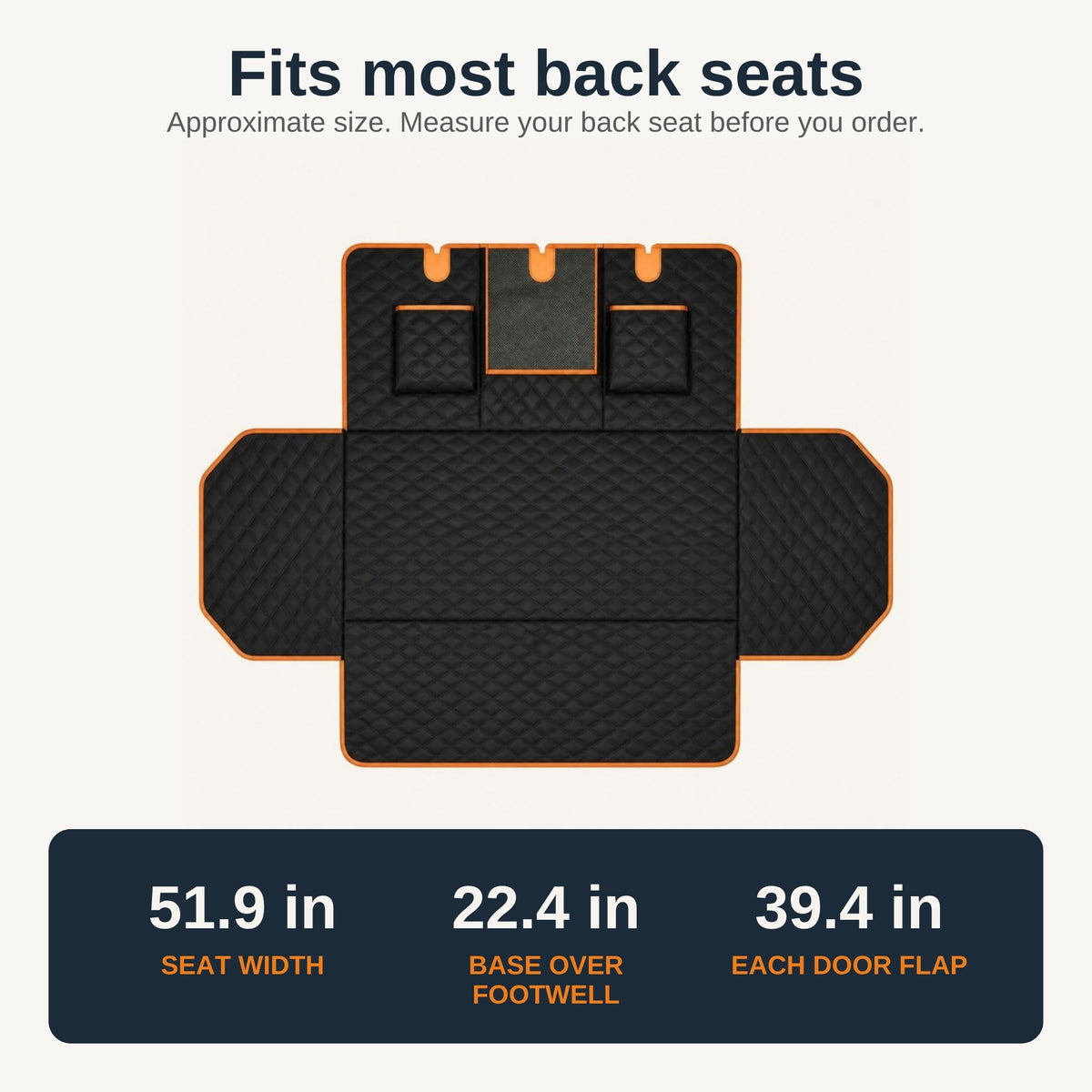 TrekFold size guide: seat width 51.9 in, base over footwell 22.4 in, each door flap 39.4 in (approximate)