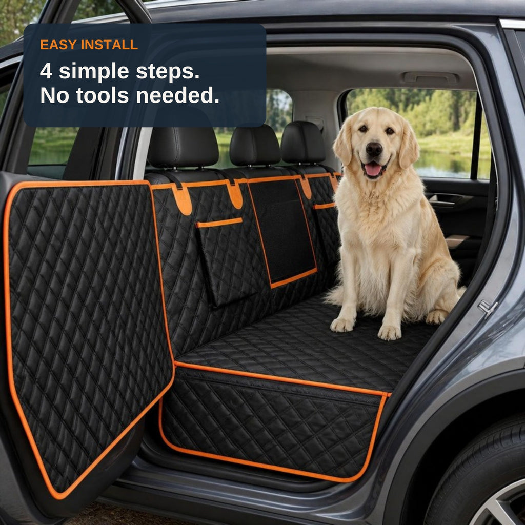 Easy install: 4 simple steps, no tools needed. Finished TrekFold install with a golden retriever on the flat base