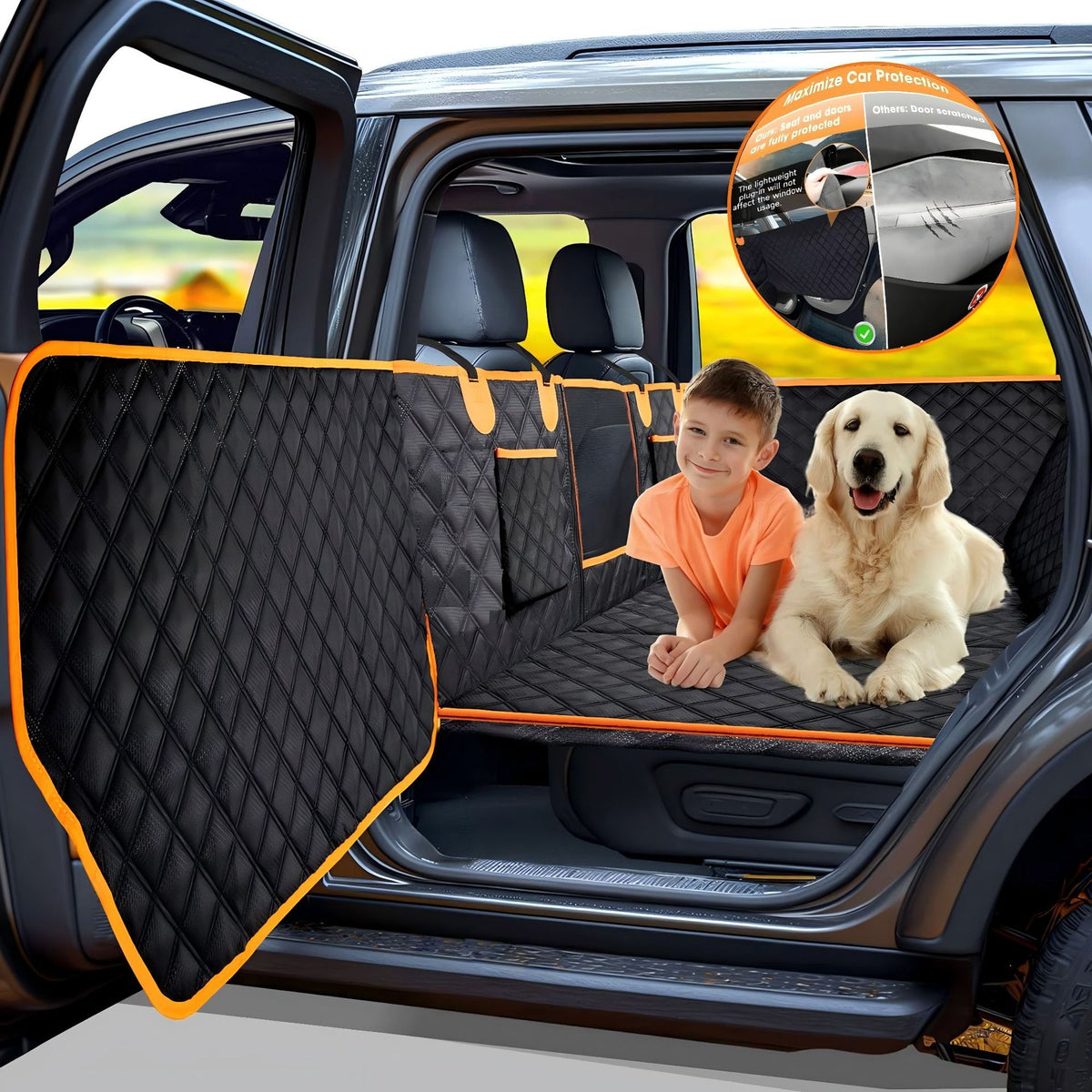 Hard-bottom dog car seat cover installed in a back seat with a dog and child