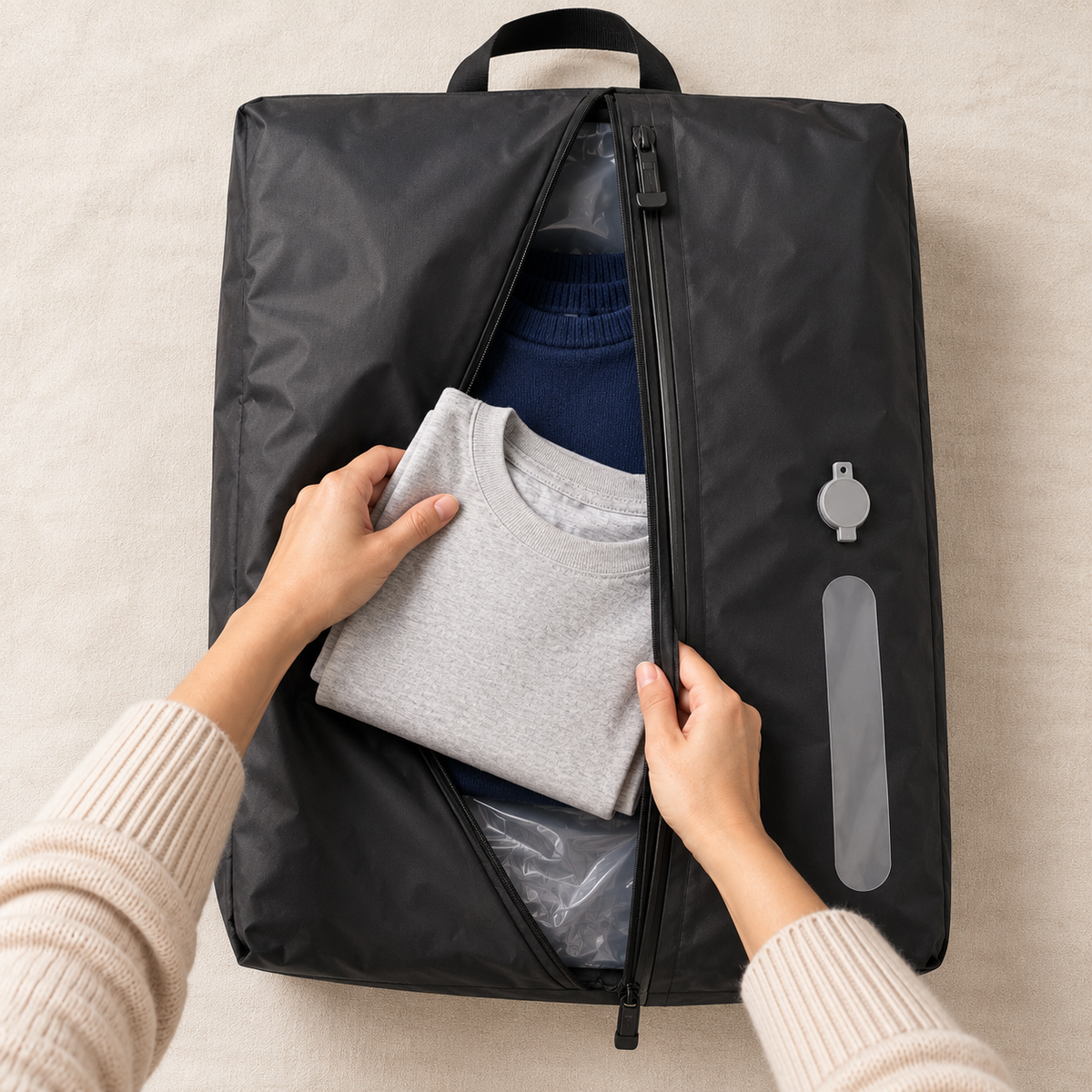 Laying folded clothes flat inside the open TrekFold™ bag