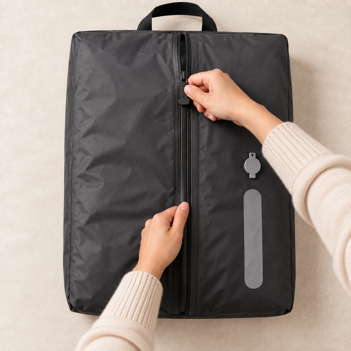 Closing the TrekFold™ bag's zipper