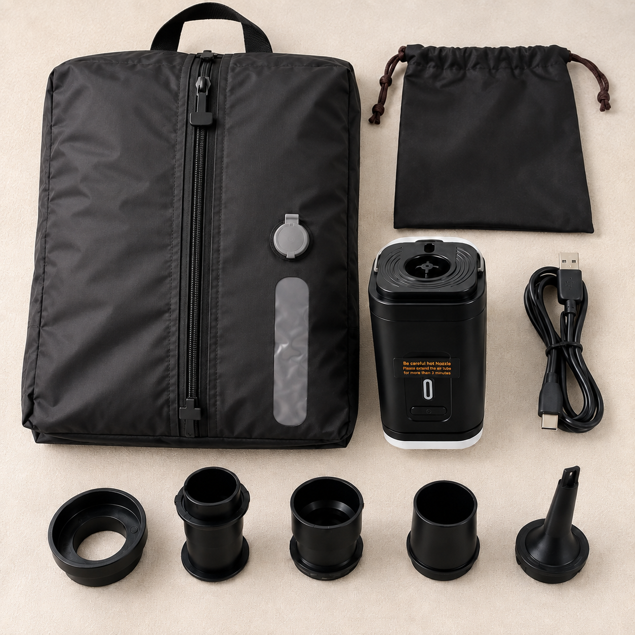 Everything included: TrekFold™ compression bag, rechargeable pump, USB-C cable, nozzle set and pouch