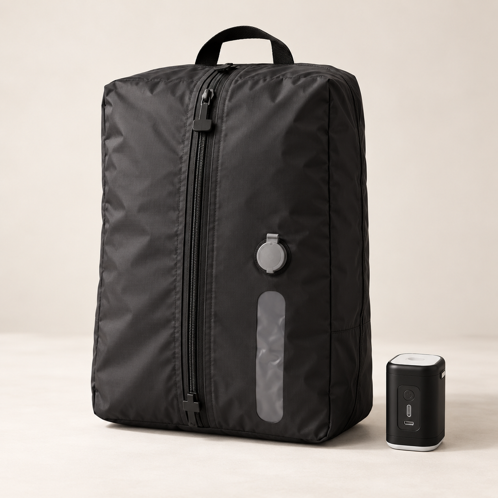 TrekFold™ compression bag standing beside its rechargeable pump