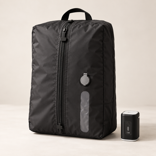 TrekFold™ compression bag standing beside its rechargeable pump