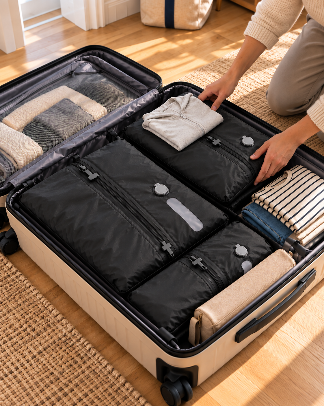 Compressed TrekFold™ bags packed in a family suitcase