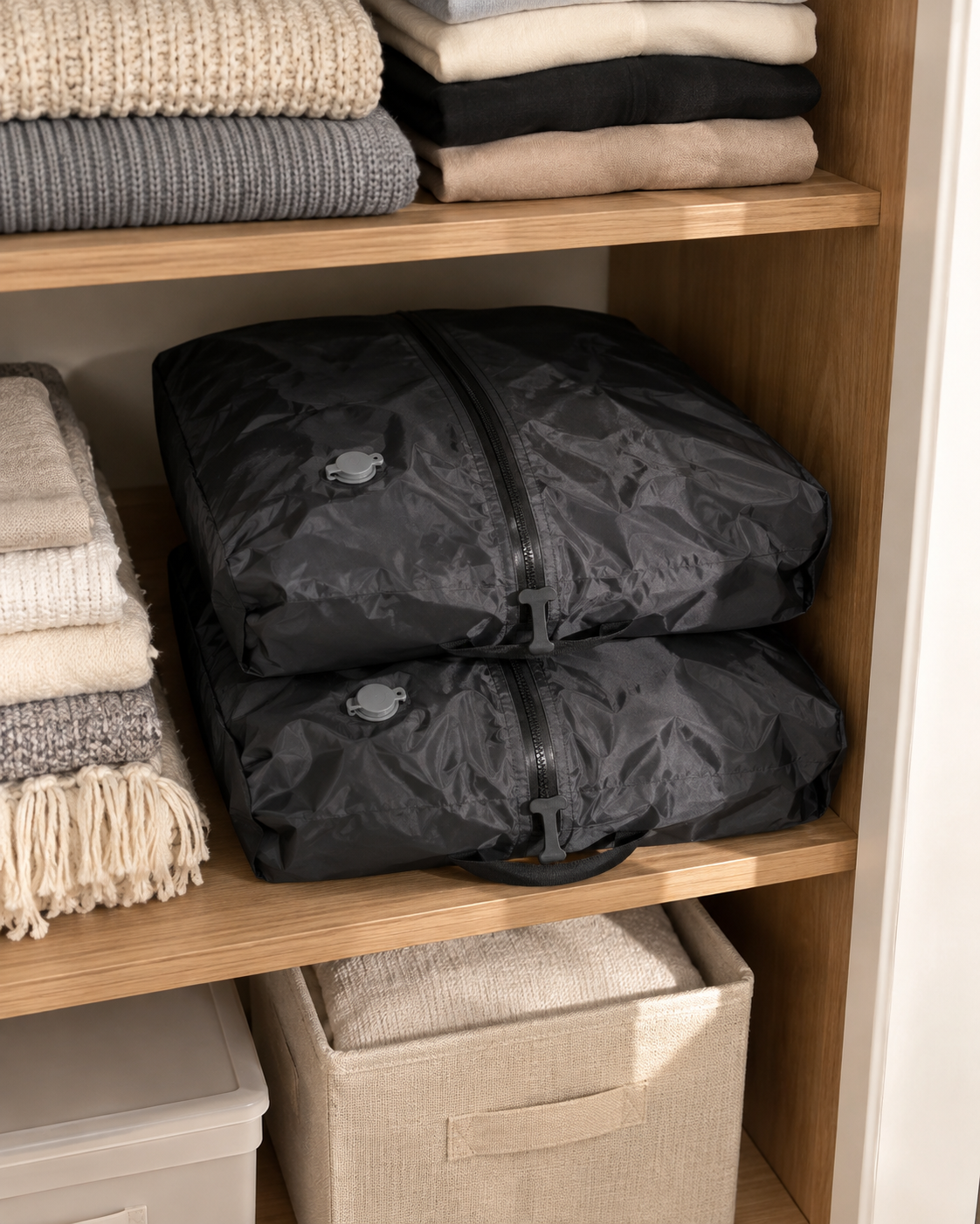 TrekFold™ bags storing sweaters flat on a closet shelf